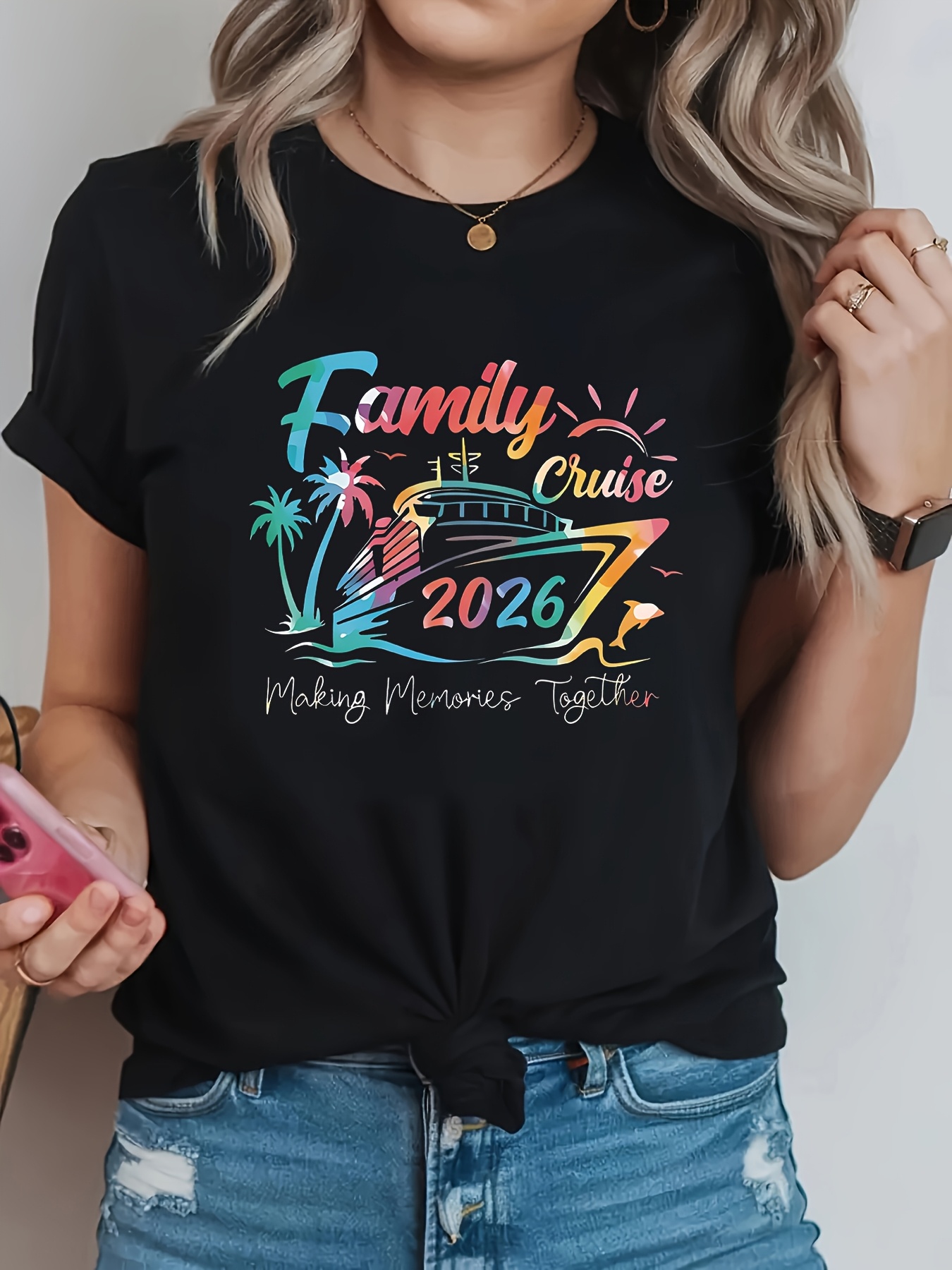 Family Tree Print - Artı Boyutu Kadın Günlük Yuvarlak Yaka